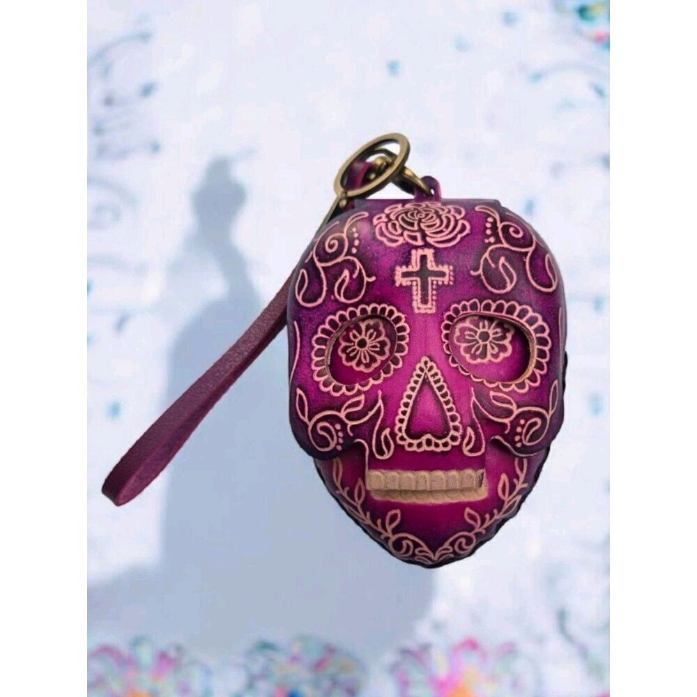 New Pink Genuine Leather Handmade Sugar Skull Coin Purse Wristlet Key Case